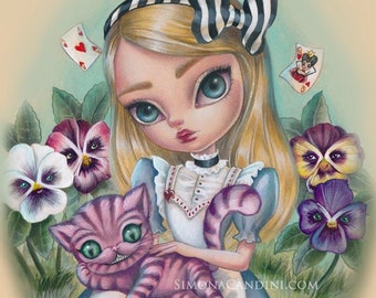 Alice In Wonderland 2 - LIMITED EDITION print signed numbered Simona Candini big eyes art, pop surreal fantasy illustration Cheshire cat