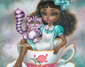 Alice in Wonderland tea cups LIMITED EDITION print paper/canvas signed numbered Simona Candini lowbrow big eyes lowbrow Cheshire Cat