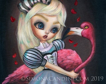 Alice and The Flamingo LIMITED EDITION print paper/canvas signed numbered Simona Candini lowbrow big eyes Wonderland flamingo fairy tale