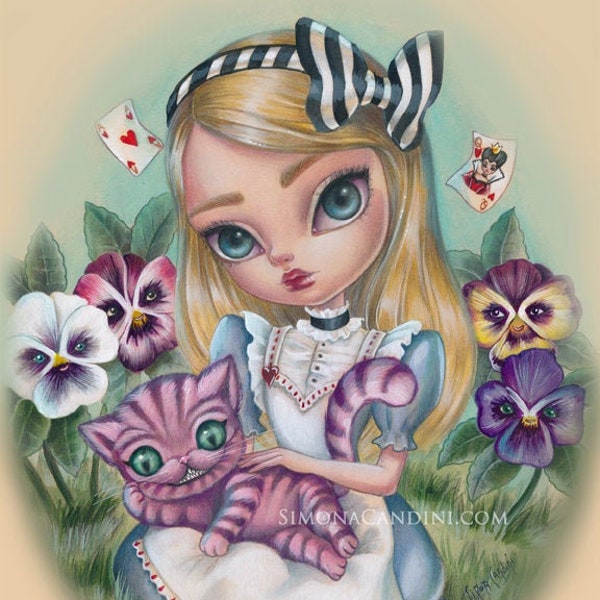 Alice In Wonderland 2 - LIMITED EDITION print signed numbered Simona Candini big eyes art, pop surreal fantasy illustration Cheshire cat