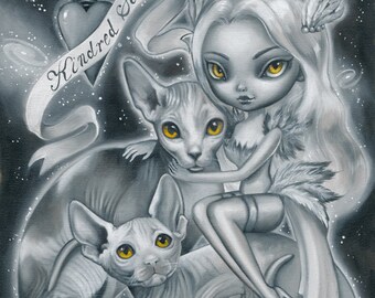 Kindred Souls LIMITED EDITION print signed numbered Simona Candini lowbrow big eyes art fantasy gothic fairy sphynx cat animal spirit pop