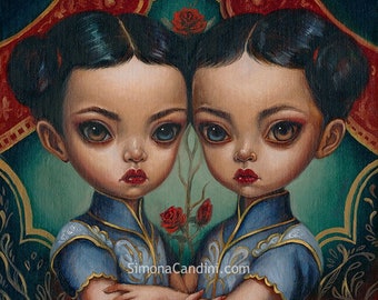 The Oracles LIMITED EDITION print Simona Candini pop surreal fantasy girl big eyes twins girls, Asian, creepy cute, vintage, carnival circus