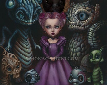 Viola Has A Secret LIMITED EDITION print Simona Candini pop surreal gothic, victorian, dark art, illustration, monster fantasy girl big eyes