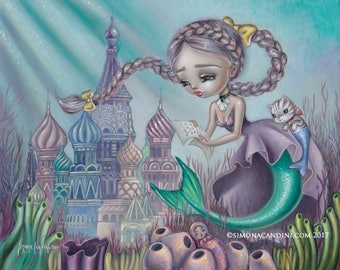 Love Letter from The Surface LIMITED EDITION print Simona Candini pop surrealism big eyes art mermaid fantasy merkitty mercat seascape