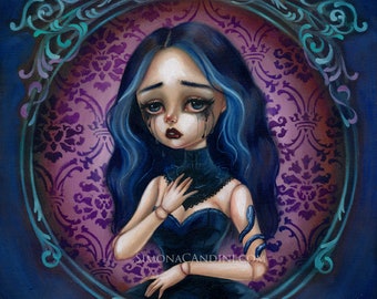 Onyx Tears LIMITED EDITION SIGNED print by Simona Candini pop surreal gothic, emo, victorian, dark art, illustration, purple girl big eyes