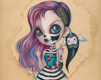 F**K YOU LIMITED EDITION print signed numbered Simona Candini "Bones And Poetry" lowbrow pop surreal big eyes sugar skull cat gothic art