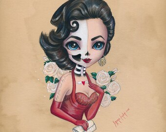 Skully Liz Taylor LIMITED EDITION print signed numbered Simona Candini lowbrow pop surreal big eyes skull pinup girl goth art Hollywood