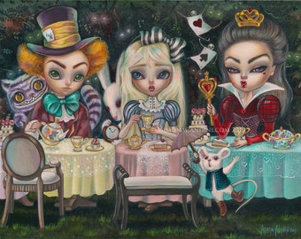 Tea Party LIMITED EDITION print paper canvas signed numbered Simona Candini big eyes Wonderland Alice Red Queen Mad Hatter Cheshire Cat
