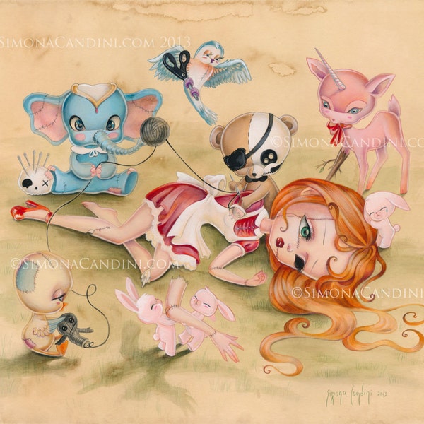 A Few more Stitches LIMITED EDITION 75 print signed numbered Simona Candini Broken Dolls Don't Cry  lowbrow pop surreal big eyes art unicorn