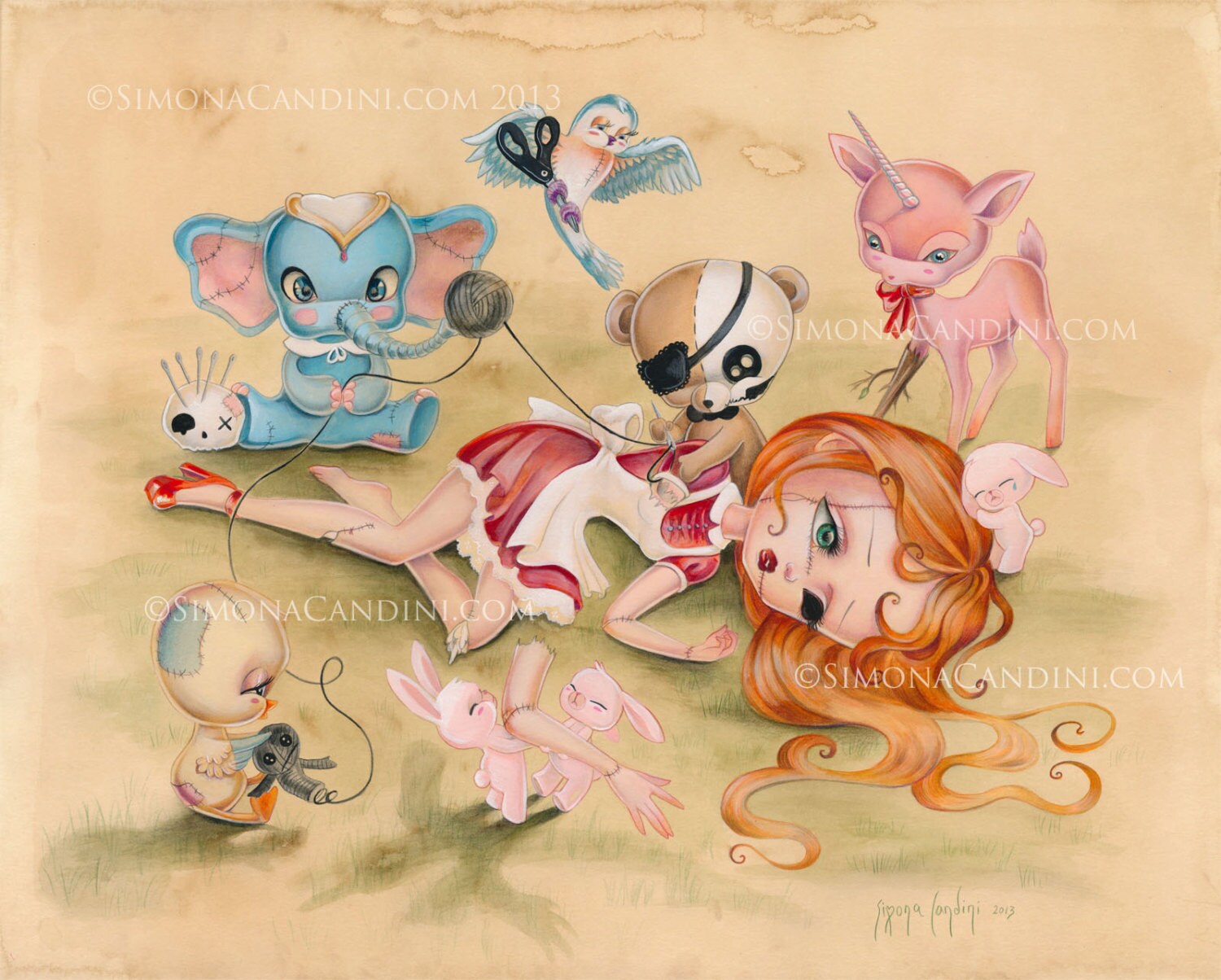 A Few More Stitches LIMITED EDITION 75 Print Signed Numbered Simona Candini  Broken Dolls Don\'t Cry Lowbrow Pop Surreal Big Eyes Art Unicorn - Etsy