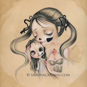 Kiss Me LIMITED EDITION print signed numbered Simona Candini Art Bones And Poetry skully girl lowbrow pop surreal big eyes Blythe doll