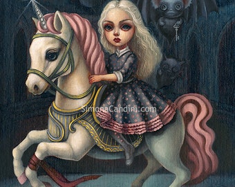 Escape from Dreamland LIMITED EDITION print paper canvas Simona Candini lowbrow big eyes pop surreal victorian girl unicorn creepy cute