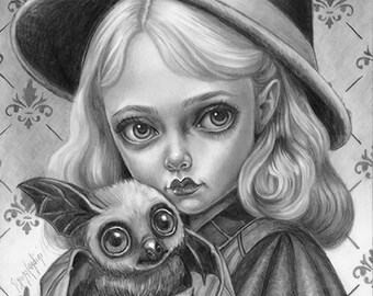 Aghata Und Battie Simona Candini LIMITED EDITION nur 25 Hexe Halloween Fledermaus gruselig süß Lowbrow Pop surreal große Augen Fantasy Viktorianische Kunst