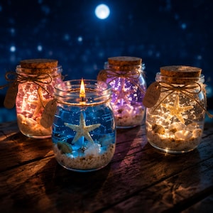 Peut inclure: Quatre bocaux en verre avec couvercles en liège, contenant du sable, des coquillages et une étoile de mer. Un bocal contient une mèche de bougie allumée, les autres des guirlandes lumineuses. Chaque bocal est noué avec une étiquette Love 100%.