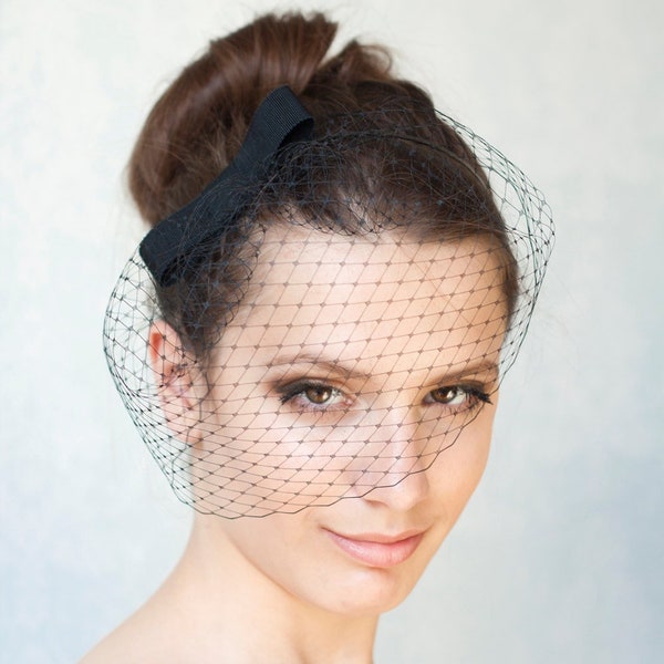 Black birdcage veil with bow, black bow with veil, bridesmaid hair bow, bridal bow veil