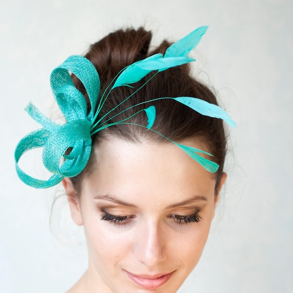 Jade green fascinator with feathers, wedding guest headpiece, feathers fascinator for mother of bride