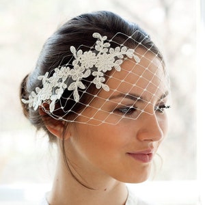 Bridal petite bandeau veil with floral lace, wedding veil image 1