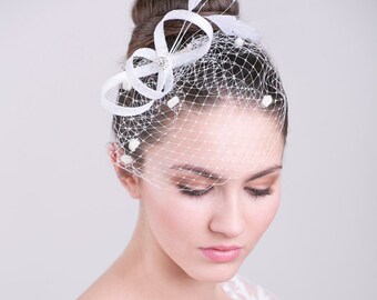 Bridal fascinator with dotted birdcage, wedding millinery hairpiece, feather headpiece