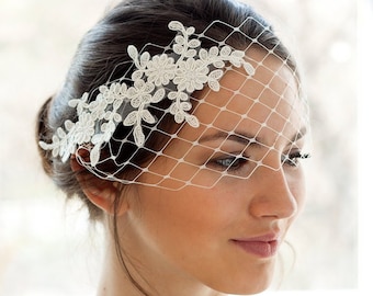 Bridal petite bandeau veil with floral lace, short wedding veil