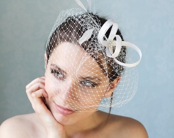 Bridal fascinator with birdcage veil and feathers, wedding birdcage with millinery fascinator, bridal feather headpiece with birdcage veil