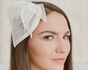Bridal millinery hat with feather flower, Vintage inspired bridal millinery headpiece