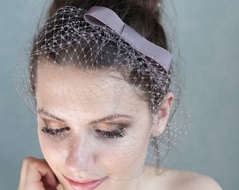 Taupe birdcage veil with bow, taupe bridesmaid birdcage on a headband, wedding  veil Audrey Hepburn