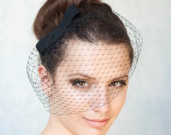 Black birdcage veil with bow, black bow with veil, bridesmaid hair bow, bridal bow veil