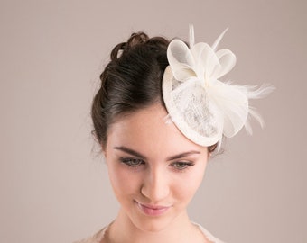Bridal millinery hat with feather flower, Bridal millinery sinamay hat, bridal straw headpiece