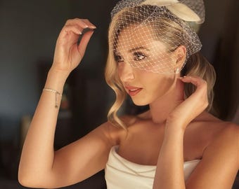 Bridal petals fascinator with short birdcage veil,  ivory felt leaves head piece on wedding birdcage netting veil, READY TO SHIP