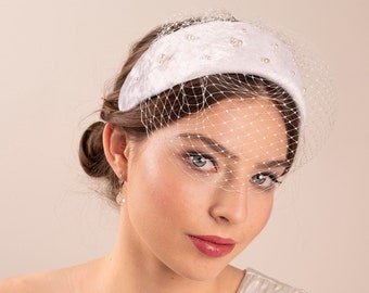 White velvet pearl headband with veil, bridal headband in white silk velvet with pearls, velvet headpiece, comfortable millinery headband