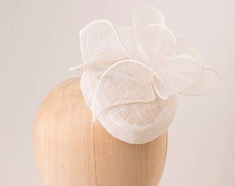 Millinery Sinamay Pillbox with Swirl Trimming, white Bridal Hat