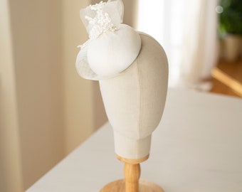 Bridal Millinery Hat with sculpted crin and beaded lace, Ivory Silk Satin Wedding Pillbox, Bridal Lace Headpiece