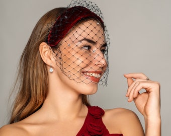 Red Silk Velvet Headband with Black Netting, Veiled Headpiece in Red Velvet, Comfortable Wide Headband with black Birdcage Veil