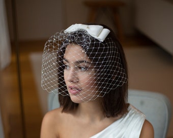 Bridal bow birdcage, Birdcage veil with double bow, Wedding double bow hair accessory, wedding birdcage veil with bow