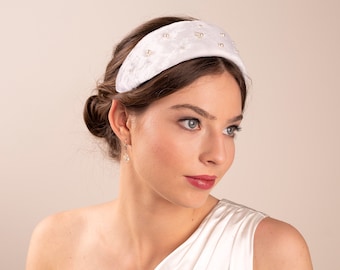 Bridal headband in white silk velvet with Swarovski pearls, velvet wedding headpiece, comfortable millinery wide headband