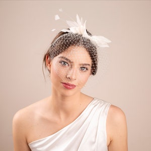 Bridal feather birdcage on a headband, Wedding feather headpiece with veil, bridal feather hairpiece, wedding birdcage veil image 1