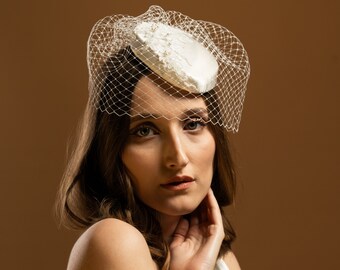 Bridal Silk Pillbox with Lace and Pearls, Bridal Pearl Beaded Hat, Ivory Lace Fascinator, Vintage inspired Pillbox
