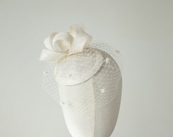 Bridal Millinery Hat with dotted Birdcage in ivory or white, Sinamay wedding fascinator with veil, Wedding guest headiece