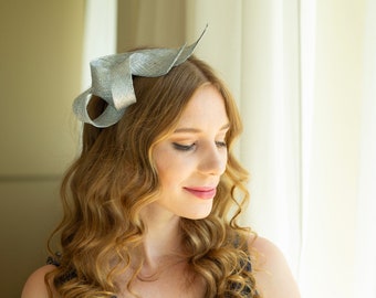 Metallic silver fascinator on double headband, wedding guest headpiece, women fascinator, millinery sculptural fascinator