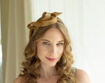 Metallic gold sinamay fascinator on a comfortable double headband, wedding guest fascinator, sculptural woman fascinator