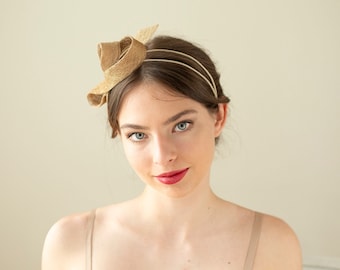 Minimalist gold fascinator, wedding millinery fascinator, minimalist woman fascinator, couture millinery headpiece on double headband
