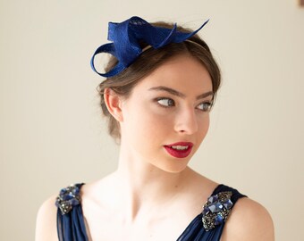 Wedding royal blue fascinator on double headband, wedding guest blue headpiece, women swirl fascinator, millinery sculptural fascinator