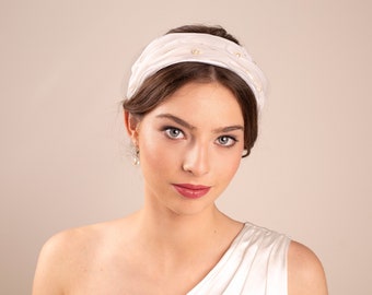 Ruches zijde en parels bruids hoofdband, ivoor zijde bruiloft hoofddeksel, vintage stijl modevak hoofdband