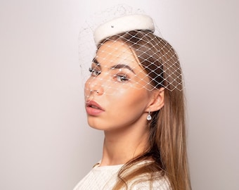 Bridal Pillbox Hat with Birdcage Veil, Veiled Fur Felt Hat, White Wedding Pillbox,  Winter Wedding Fur Felt Hat in white