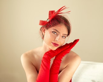 Red feather fascinator with birdcage veil, poppy red formal event headpiece, wedding guest red fascinator with veil