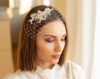 Small size netting birdcage with floral lace and Swarovski pearls and crystals, short wedding veil with ivory silver lace and pearls