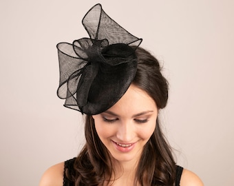 Black Wedding Hat with Large Bow, Oversized Black Bow Headpiece, Statement Wedding Pillbox, Millinery Sinamay Hat, Ladies Bow Hat