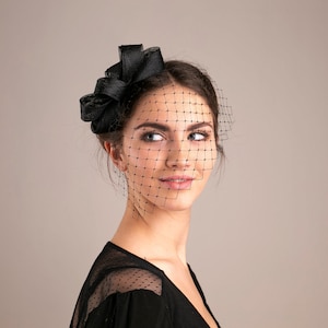 Modern fascinator with birdcage veil, black veil and fascinator, wedding guest headpiece in various colours