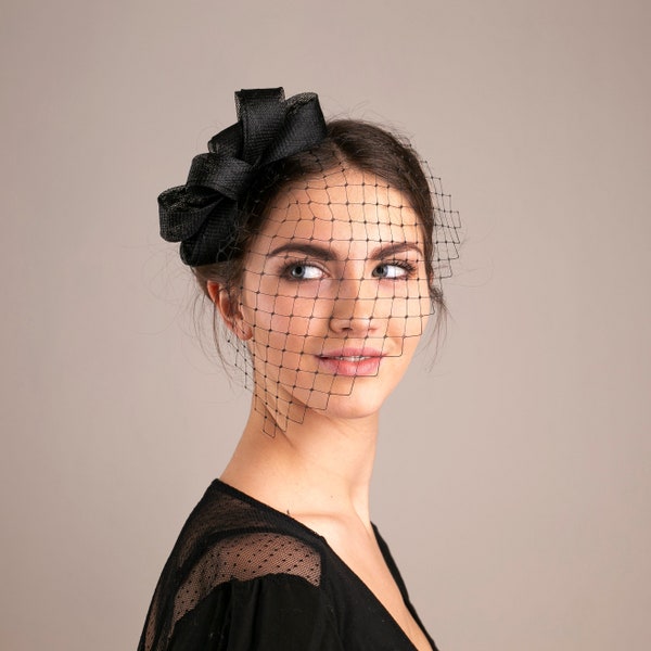 Modern fascinator with birdcage veil, black veil and fascinator, wedding guest headpiece in various colours