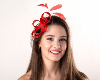 Red fascinator with feathers, bridesmaids statement headpiece, wedding feather hair accessory, red feather headpiece